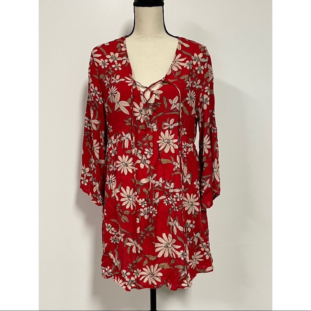 Lightweight Floral Mini Dress Red and Tan Size S